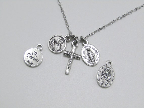 Tiny St Gerard Miraculous Medal Crucifix Necklace Stainless