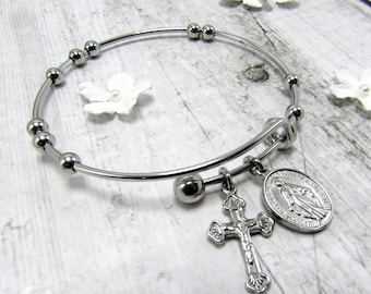 Rosary Bangle with Movable Beads - Miraculous Medal + Crucifix - Non-Tarnish 100% Stainless Steel - Prayer & Meditation Bracelet Jesus Mary