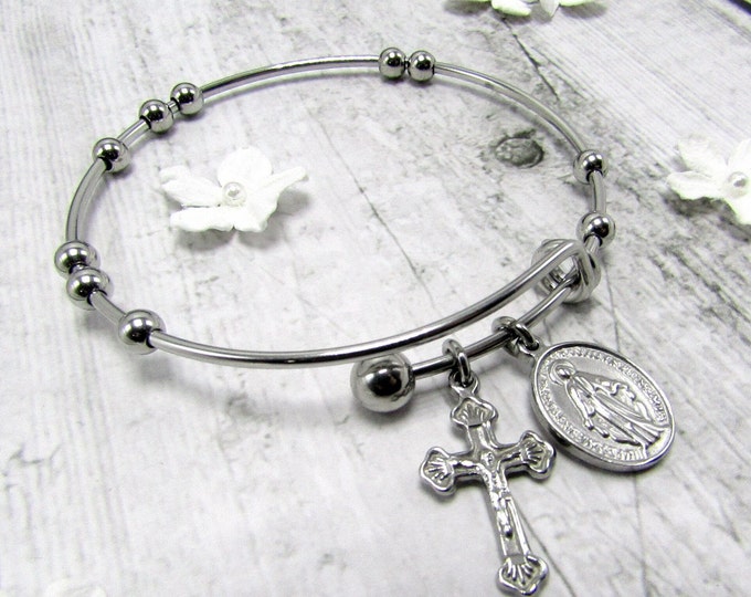 Featured listing image: Rosary Bangle with Movable Beads - Miraculous Medal + Crucifix - Non-Tarnish 100% Stainless Steel - Prayer & Meditation Bracelet Jesus Mary