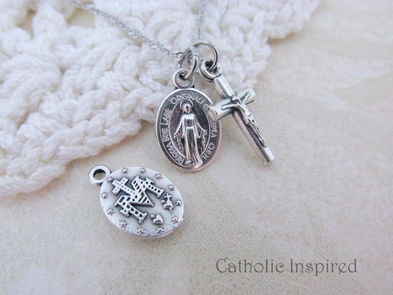 Tiny Miraculous Medal & Crucifix Stainless Steel Chain Mary Blessed Mother Our Lady Necklace Latin Pendant Mini Dainty Small Simple image 2