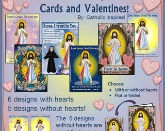 Divine Mercy Themed Cards and Valentines - Printable Download Catholic St. Valentine St. Faustina Kowalska Jesus