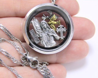 Joan of Arc Glass Locket - Courage Saints Medal Cross Living Heart Origami Owl Floating Jewelry Necklace Christian Catholic