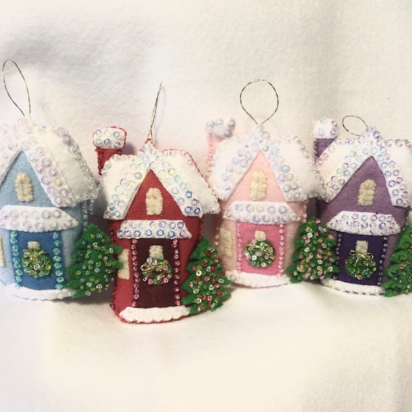 Felt Christmas Tree Ornament Houses with Wreath, Festive Holiday Decoration or Christmas New Home, House Warming Gift