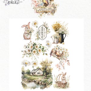 Peut inclure: Feuille de transferts A4 avec des illustrations à l'aquarelle sur les thèmes du printemps et de Pâques. Les motifs comprennent un nichoir, des lapins, des fleurs, une scène d'étang et le texte "AMONG THE WILDFLOWERS" et "FRESH CUT FLOWERS."