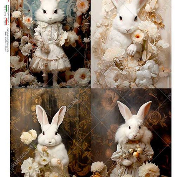 Paper Designs FOUR VICTORIAN Bunny Portraits A4 Decoupage Rice Paper #ANIMALS 0228