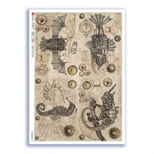 May include: A vintage-style illustration featuring a steampunk-inspired bat, fish, and two seahorses. The image is in shades of brown, black, and gold, with intricate details of gears and cogs.