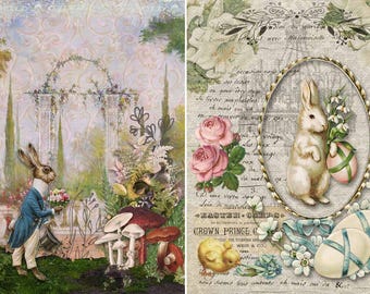 Decoupage Queen TWO BUNNIES Easter A4 Rice Paper DQRP0252  Retired 7.20.24