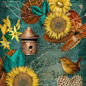 Decoupage Queen AUTUMN SUNFLOWERS A4 Rice Paper Flowers birds DQRP0490