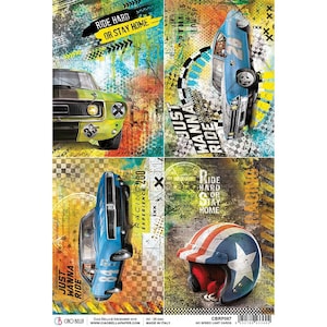 May include: A collage of four images featuring vintage muscle cars with racing themes. The images include a green car with the text "Ride Hard or Stay Home", a blue car with the text "Just Wanna Ride", a blue car with the text "Racing Experience 200", and a blue and red helmet with the text "Ride Hard or Stay Home".