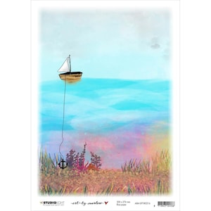 May include: A watercolor painting of a sailboat on a blue ocean with a pink and orange sunset in the background. The sailboat has a white sail and a brown hull. The anchor is at the bottom of the image.