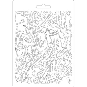 May include: A black and white stencil with a geometric pattern of lines and shapes. The design is abstract and resembles a chaotic, organic pattern.