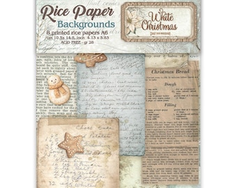 Papel de arroz para decoupage Stamperia WHITE CHRISTMAS A6, selección de fondos, 8 hojas #DFSAK6059