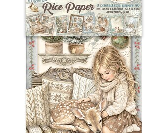 Papel de arroz para decoupage Stamperia WHITE CHRISTMAS A6, 8 hojas #DFSA6X10