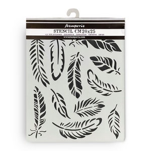 May include: A stencil sheet featuring a design of multiple feathers in black against a white background. The stencil measures 20 cm by 25 cm. The text "STENCIL CM20x25" is printed at the top of the sheet.