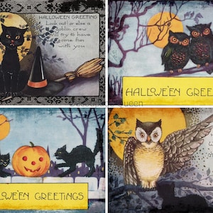 Decoupage Queen Chats et chouettes vintage pour Halloween, paquet de quatre, papier de riz A4 DQRP0628