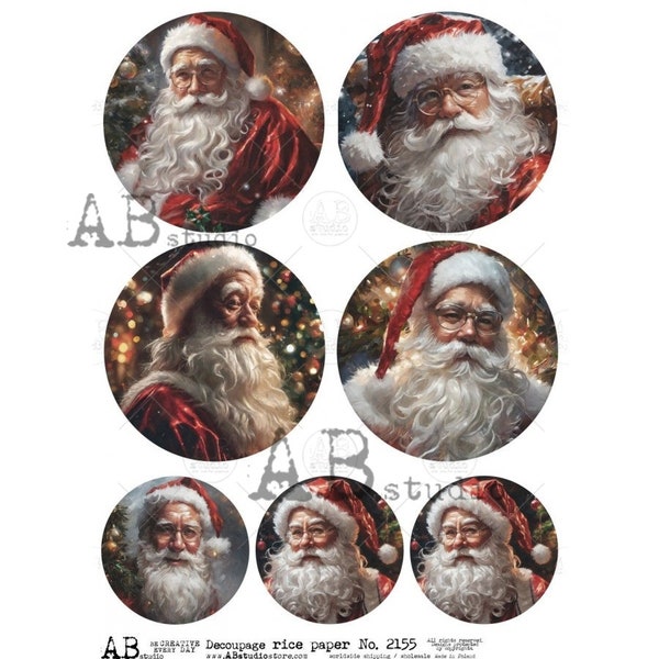 AB Studios TRADITIONAL SANTAS Ornament Rounds A4 Decoupage Rice Paper #2155