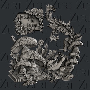 May include: A detailed, gray sculpture featuring a whimsical design. It includes mushroom houses, a snail, floral accents, and a sign that reads "Believe in Magic". The design is intricate and ornate.