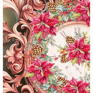 May include: A vintage-style clock face with Roman numerals is surrounded by a wreath of poinsettias, pine cones, holly, and berries. The clock face is white with black markings. The wreath is red, green, and brown. The background is a light brown with a decorative, ornate design.