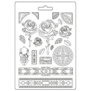 May include: A sheet of black and white stencils featuring a variety of designs, including roses, a corset, a belt, and a circular design with the word "Magic" in the center.
