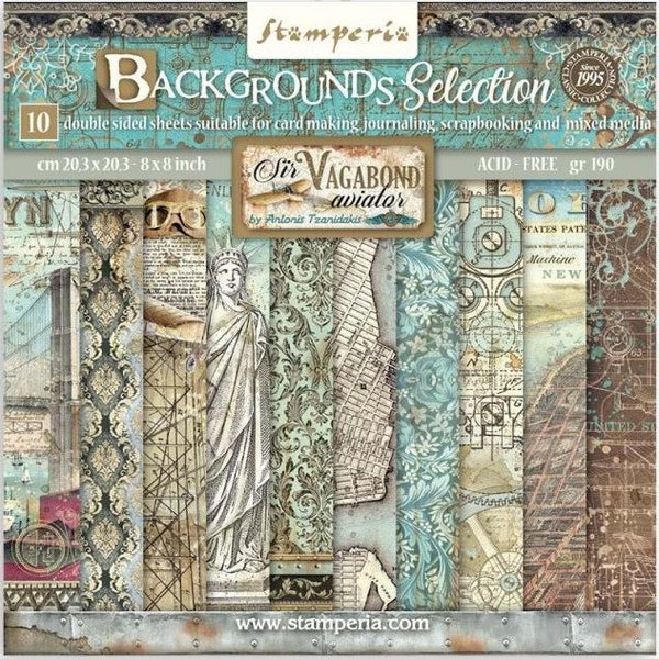 Stamperia SIR VAGABOND AVIATOR Backgrounds 8X8 Double Faced Paper 10 Sheets + Bonus #SBBS63