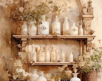 LaBlanche Nostalgia 6 BOTTLES on SHELVES A4 Decoupage Rice Paper #LBD357