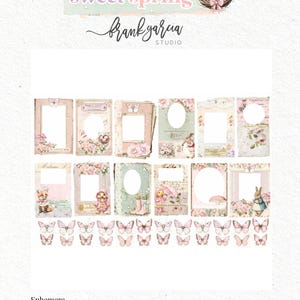 May include: A collection of ephemera with a spring theme, featuring frames, butterflies, and illustrations of animals and flowers in pastel colors. The text "sweet spring" and "frank garcia studio" are visible at the top.