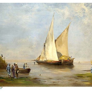 May include: A painting of a sailboat with white sails on a body of water. The sailboat is in the distance, and there are people standing on the shore in the foreground. The sky is a light blue, and the water is a light blue-green.