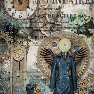 May include: A vintage-inspired collage featuring a clock face, a clock tower, a lightbulb with wings, a blue coat, and a pair of boots. The background is a distressed, textured surface with text in French.