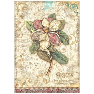 May include: A vintage-style greeting card featuring a large, ornate flower with cream, red, and gold patterned petals and green leaves. The background is a textured beige with musical notes and decorative swirls. The word "GREETINGS" is displayed.