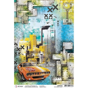 May include: A yellow and orange muscle car with a black stripe and the word "OIL" on the side. The car is driving on a city street with a blue and green background. The background also features metal plates with rivets and the letters "XX" in black.