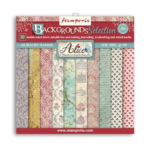 Stamperia ALICE BACKGROUNDS Through The Looking Glass 8X8 DS Scrapbook Paper 10 pcs+ Bonus #SBBS46