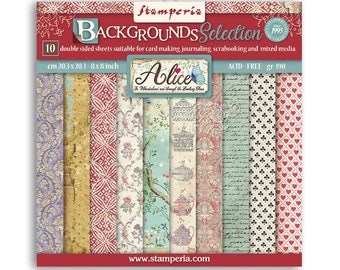 Stamperia ALICE BACKGROUNDS Through The Looking Glass 8X8 DS Scrapbook Paper 10 pcs+ Bonus #SBBS46