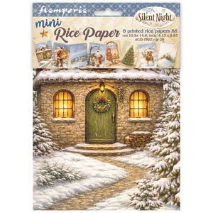 May include: A Stamperia Silent Night mini rice paper pack featuring 8 sheets of A6 paper measuring 4.13 by 5.83 inches. The packaging displays a stone cottage with a green door, a wreath, glowing windows, and a snowy landscape with pine trees.