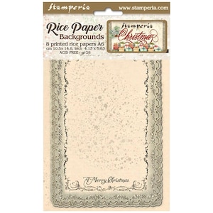May include: A pack of 8 acid-free rice papers for crafting. The papers are A6 size, measuring 10.5 x 14.8 cm or 4.13 x 5.83 inches. The papers have a white background with a silver decorative border and a subtle speckled pattern. The pack features a Christmas theme with the text "Stamperia Christmas" and "A Merry Christmas".