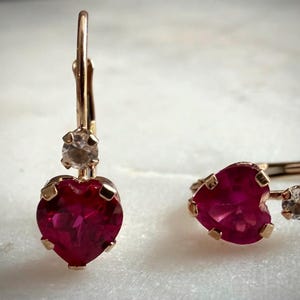 10K Solid Yellow Gold Ruby Heart Leverback Earrings | White Topaz Accent Earrings | Vintage Romantic Fine Jewelry Gift
