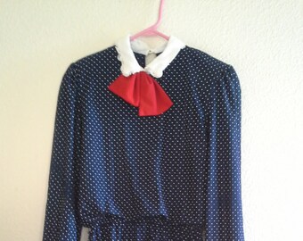 Vintage TJuniors Blue White Polka Dot Secretary Dress Sz 7