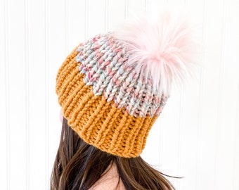 KNIT PATTERN• Candy Dipped Hat, Child to Adult, Super Bulky, 2 hr knit, 1x1 rib, pair with or without a pom-Whistle and Wool