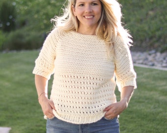 CROCHET PATTERN• Portsmouth Sweater, raglan, worked top down, seamless. easy level, Sizes XS to 4X• Worsted Weight Yarn• Whistle and Wool