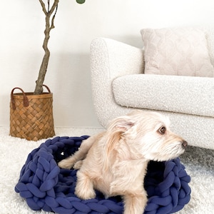 May include: A small, light-colored dog is relaxing in a navy blue woven pet bed. The bed is made of thick, braided rope and has a rounded shape. The dog is lying on its side, with its head resting on the edge of the bed.