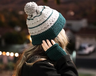 Knit Hat and Fingerless Gloves Pattern • Easy Double Brim (PDF Pattern)