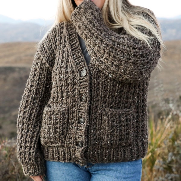 Toffee Cardigan, KNITTING PATTERN • easy knit with buttons and pocket, super bulky yarn • Whistle and Wool