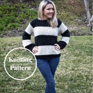 May include: A black and white striped sweater with a speckled texture. The sweater has a round neckline and long sleeves. The text "Knitting Whistle & Wool Pattern" is in a circle on the image.