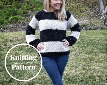 KNITTING PATTERN•Knit Sweater•(Adult):  S, (M), L, (XL), 2X, (4X) •Sweater Pattern•Stripe Sweater•Easy Knit•The Chelsea Sweater