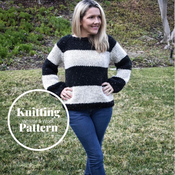 KNITTING PATTERN•Knit Sweater•(Adult):  S, (M), L, (XL), 2X, (4X) •Sweater Pattern•Stripe Sweater•Easy Knit•The Chelsea Sweater