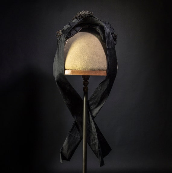 Antique Bonnet/Hat, Original Victorian Black Silk… - image 8