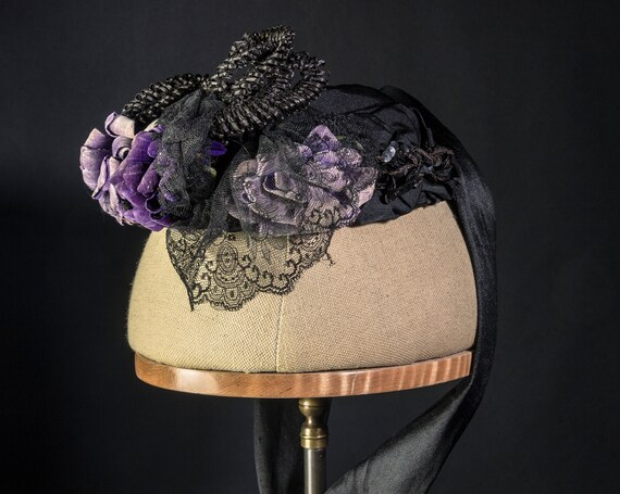 Antique Bonnet/Hat, Original Victorian Black Silk… - image 10