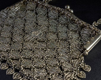 Antique Filigree Purse, Original Chinese Early 1900s, Silver Chainmail/Mesh, Floral Relief Frame, Evening Bag...