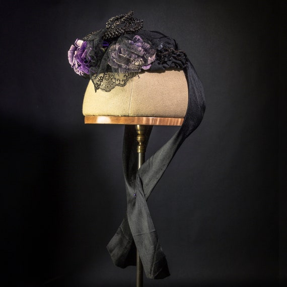 Antique Bonnet/Hat, Original Victorian Black Silk… - image 5