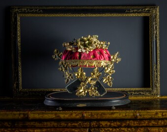 Antique Globe De Marie, Original French Gold Gilt Ormolu, Wooden Stand, Red Silk Cushion, Marriage Keepsake, Wax Flower Display...