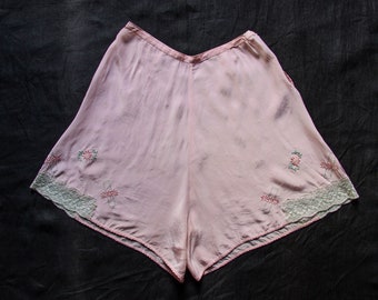 Vintage Original C1940 Pink Silky Rayon Hand Embroidered Lace Lingerie Shorts Bottoms Tap Panties...